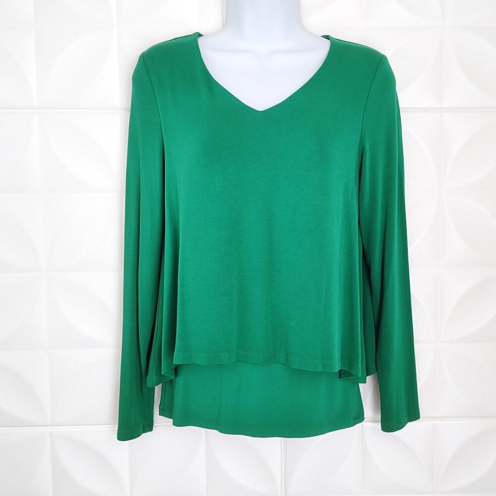 Green Stretch Knit Top Long Sleeve V-Neck Trapeze Double Layer XS Kettlewell